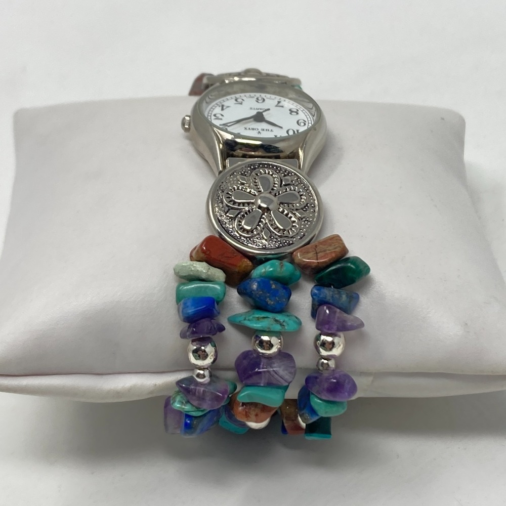 Oryx Watch Women Silver Tone Gemstone Band Amethyst Jasper 24mm New Batter 7.25" - Picture 6 of 16